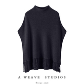 个性 半高领中长款 100%纯羊绒衫 时尚 女蝙蝠袖 斗篷披肩针织毛衣外穿