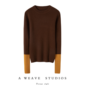 演绎不凡品味~拼色圆领弹力坑条羊绒衫女纯羊绒毛衣针织衫打底衫