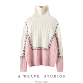 版 型质感狂hao 手工线缝线撞色拼接绞花高领羊绒保暖毛衣秋冬