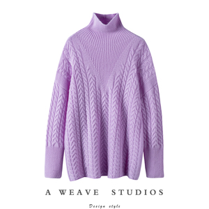 一株浅薰衣草~纯山羊绒衫女高领宽松麻花加厚冬纯羊绒毛衣慵懒风