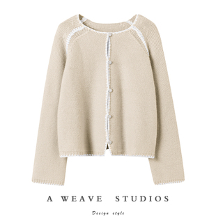 将美进行到底~100纯山羊绒手工拼接贝壳绣长袖针织羊绒开衫女