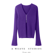 纯羊绒针织开衫 舒服ZUI重要 简约好穿珍珠扣V领喇叭袖 女春夏毛衣