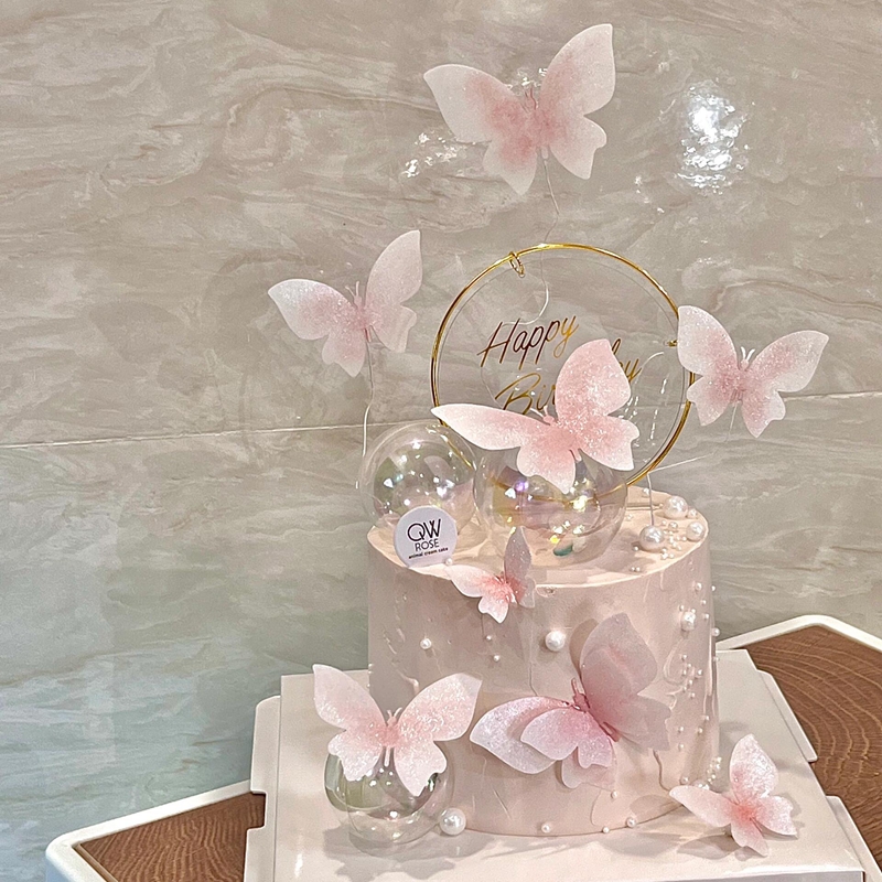 仙女粉色蝴蝶蛋糕装饰珠光粉透明圆环烫金亚克力生日快乐蛋糕插牌