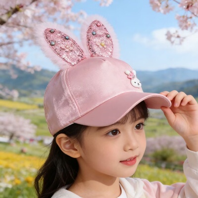 春夏儿童兔耳亮片防晒透气棒球帽