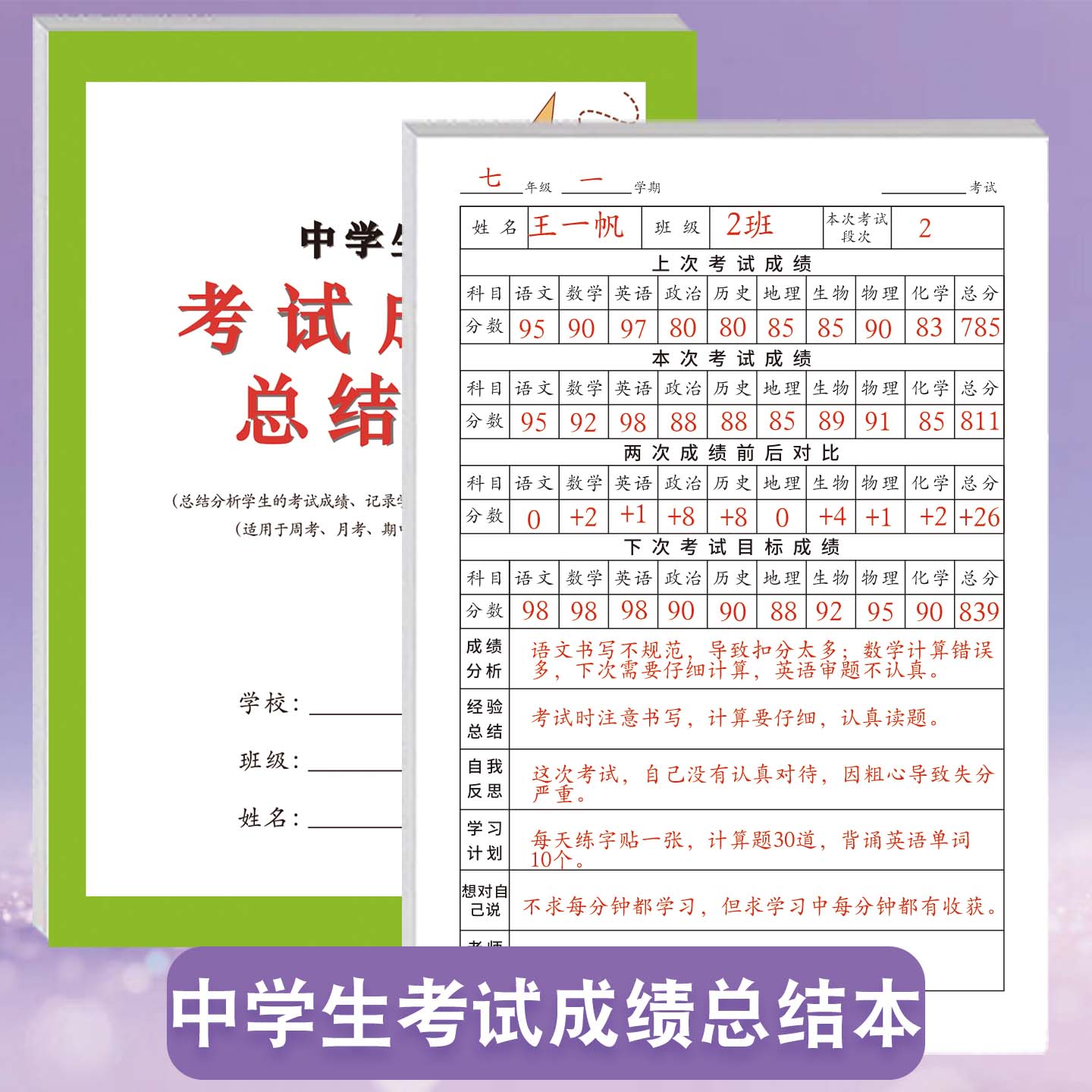 考试成绩总结本中学生小学生通用语文数学英语物化生政史地等科目成绩经验总结错误分析自我反思学习目标记录
