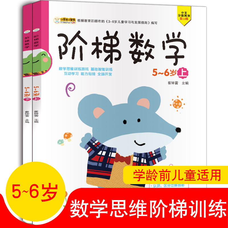 共两本数学阶梯5-6岁上下幼儿阶梯数学全面开发潜能数学书启蒙早教开发左右脑玩贴纸趣味图书幼小衔接逻辑思维训练3 4 5 6岁儿童