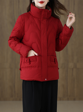 立领加厚短款羽绒服女2025冬季小个子妈妈装红色白鸭绒保暖外套潮
