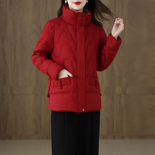 立领加厚短款羽绒服女2025冬季小个子妈妈装红色白鸭绒保暖外套潮