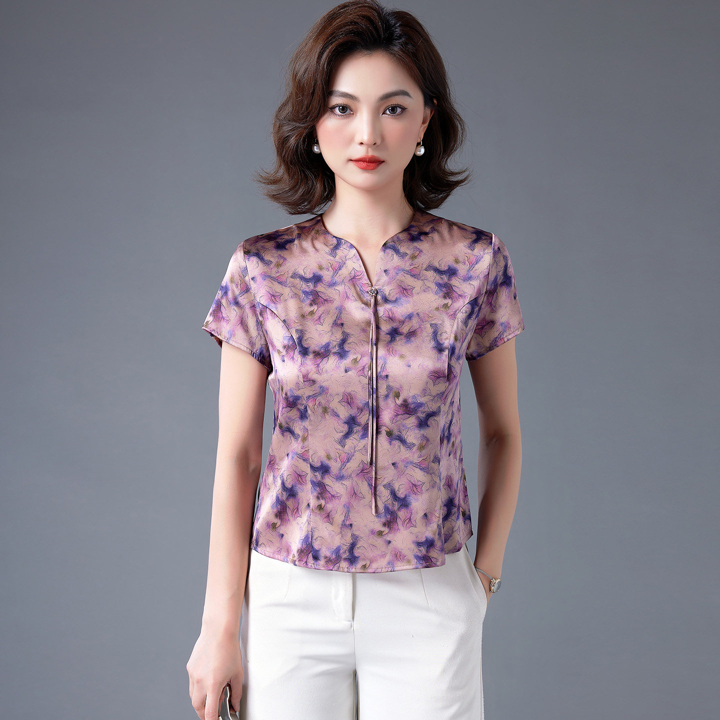 洋气印花重磅真丝衬衫女短袖2026夏新款中式国风妈妈装桑蚕丝上衣