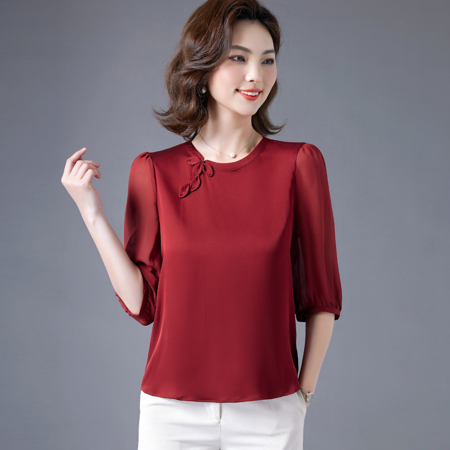 重磅真丝上衣女短袖2026夏季高端设计感桑蚕丝衬衫洋气妈妈装小衫
