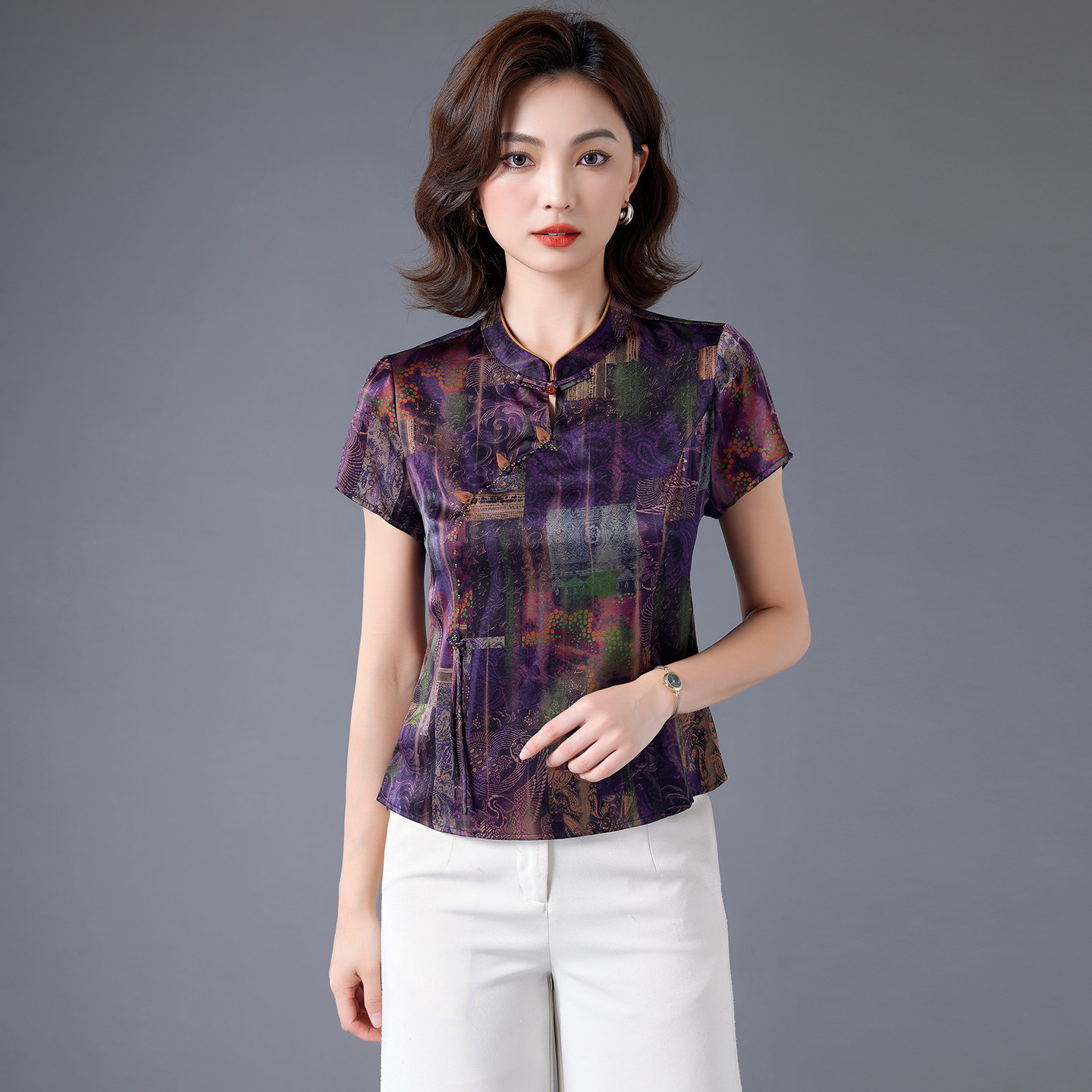新中式国风重磅真丝衬衫女短袖图片