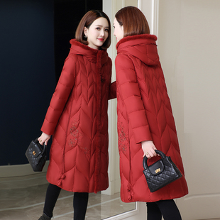 高端品牌绣花羽绒服女中长款妈妈装2025冬水貂毛领加厚鹅绒外套潮