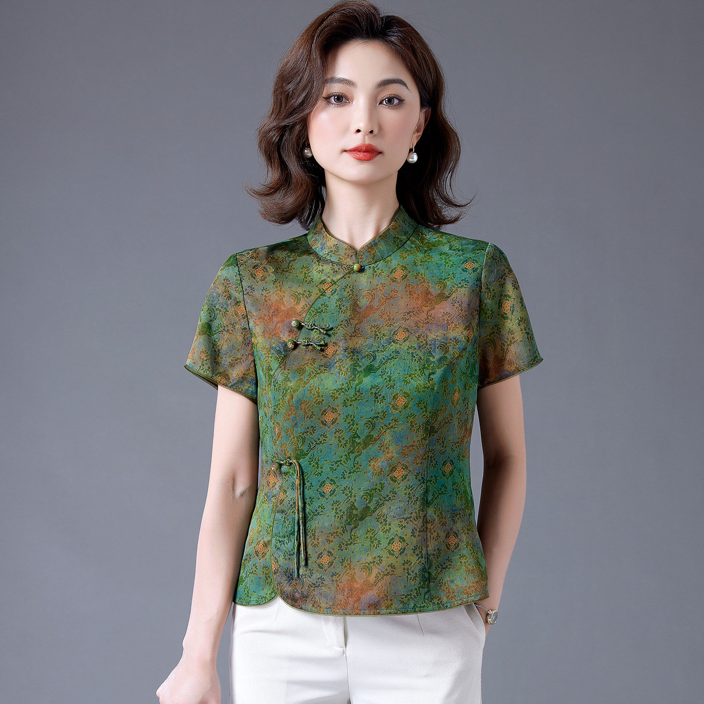 花萝香云纱真丝衬衫女短袖2026夏季中式旗袍妈妈装重磅桑蚕丝上衣