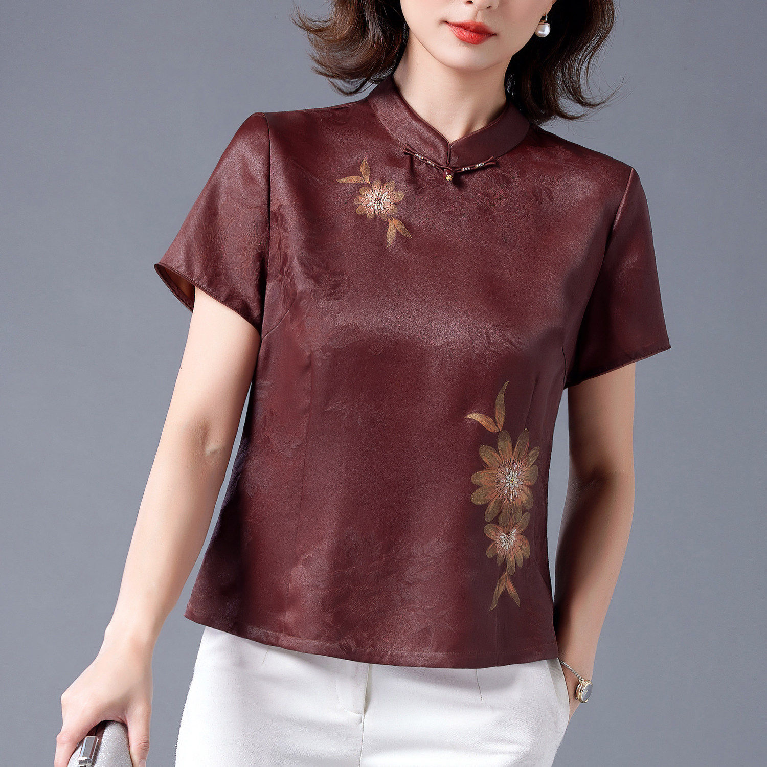 高端龟纹香云纱真丝上衣女短袖2026夏中式国风立领妈妈桑蚕丝衬衫
