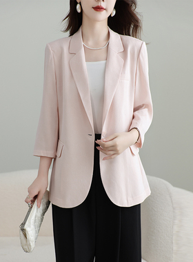 重磅真丝小西装女2025春优雅气质七分袖白色职业装中长桑蚕丝外套