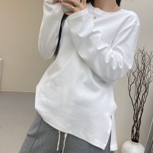 【MERINCE自营】加厚纯棉圆领开衩长袖T