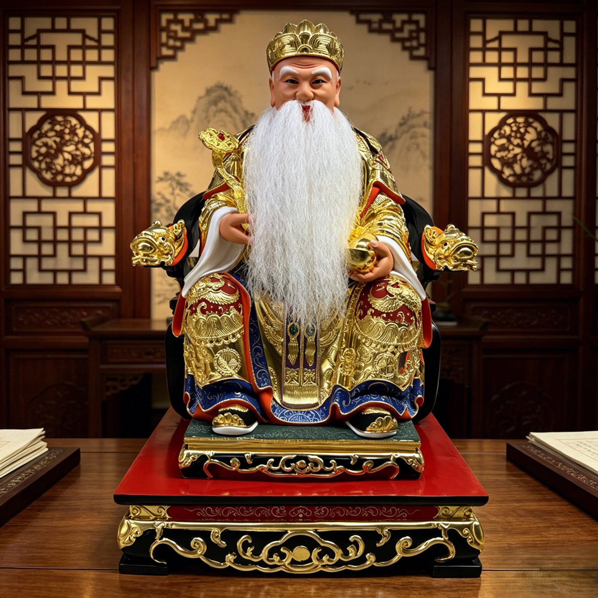 如意元宝土地爷16寸连座神像一尺三福德正神佛像大伯公香樟木雕刻