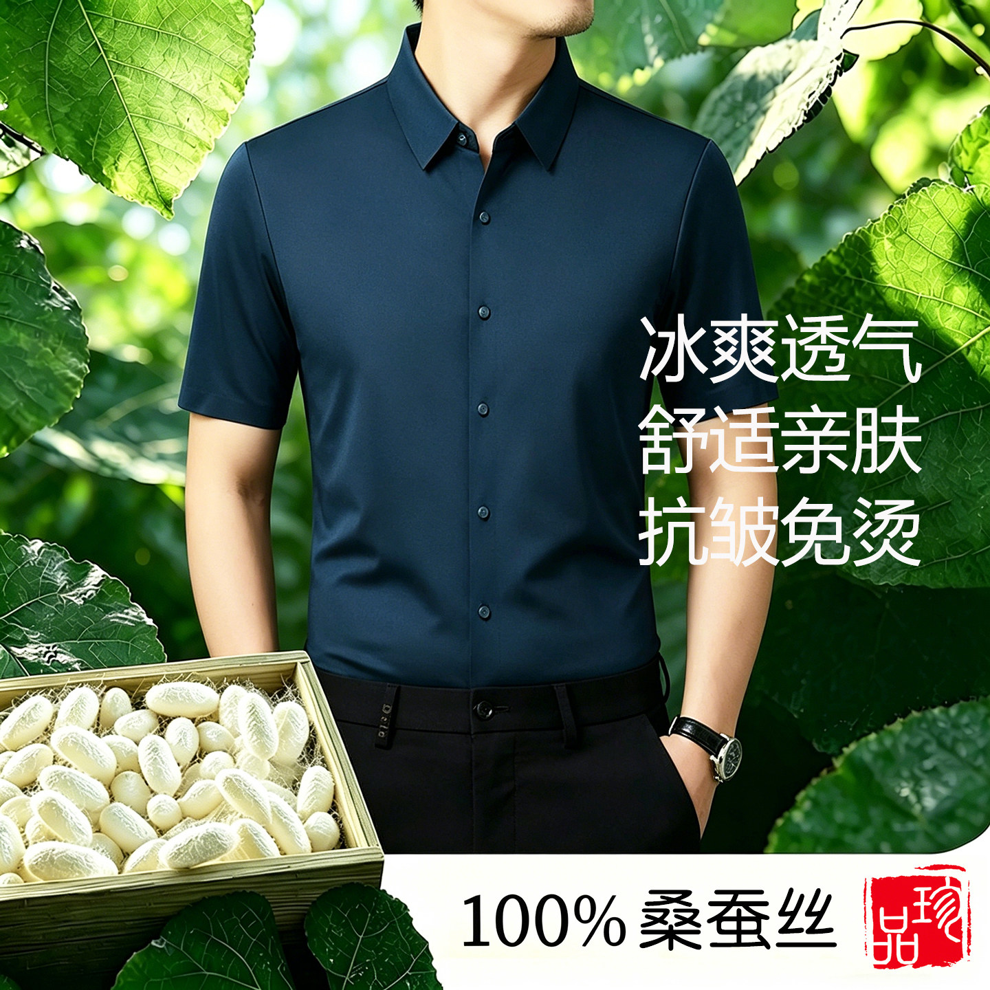 鄂尔多斯市高端纯百分百桑蚕丝衬衫男短袖中年爸爸装真丝2026新款