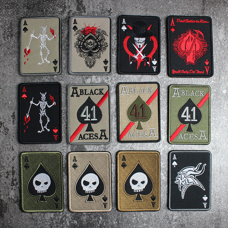 扑克王牌a41黑桃飞行中队刺绣魔术贴章个性臂章背包魔术贴章补丁