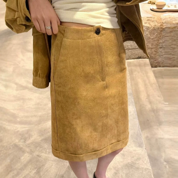 ABRA MINO秋季麂皮半身裙女高腰翻折复古质感显瘦直筒包臀a字短裙图片