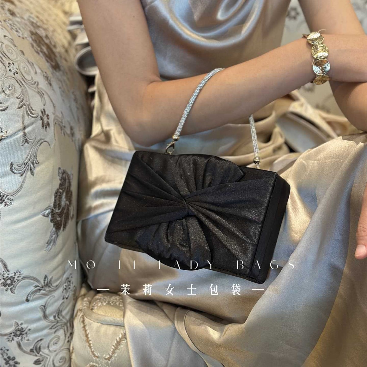 法式复古蝴蝶结盒子包手提小包包缎面婚礼包宴会女包晚宴礼服包女