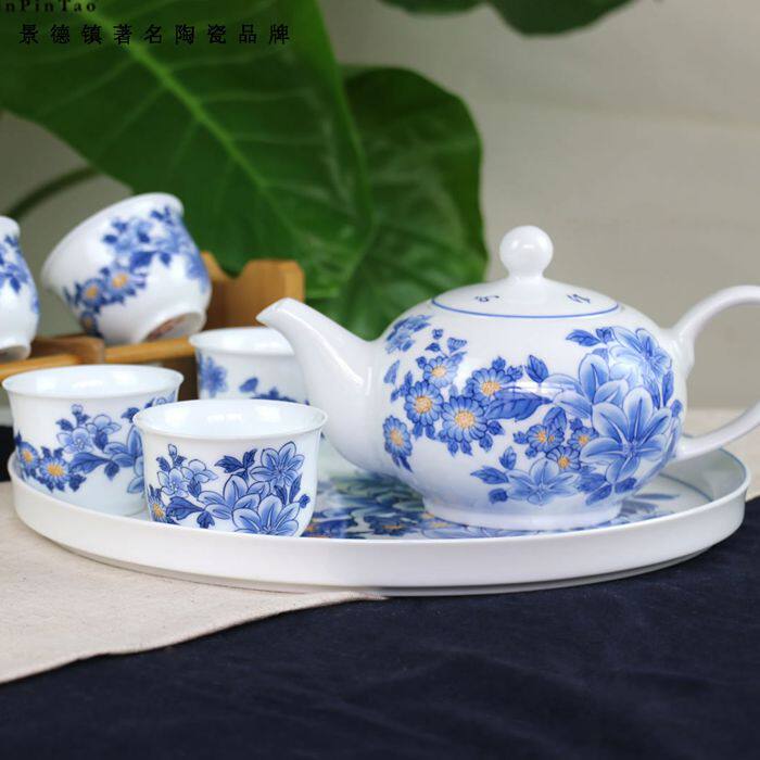 正品 景德镇红叶牌陶瓷高白细瓷8头釉下手绘青花茶具瓷器套装芬芳