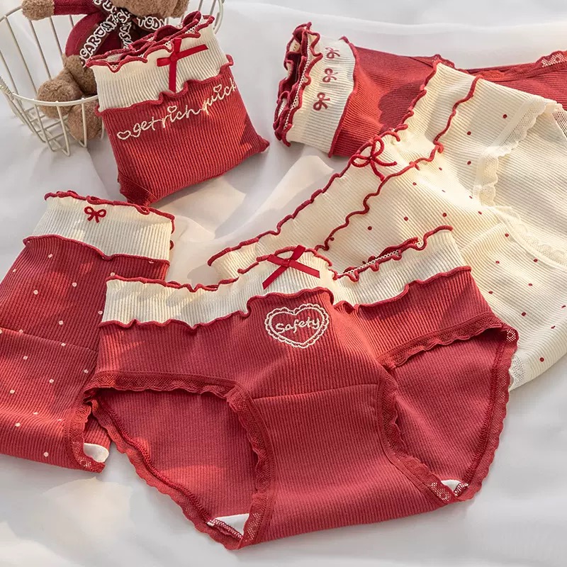 5条2025新款红色本命年女士内裤升级加长裆10A抗菌裆纯棉三角裤头