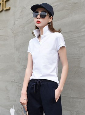 2025新款夏装保罗POLO衫女纯棉运动翻领短袖白色t恤有领修身上衣