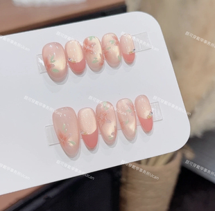 纯手工穿戴甲 花间纯手绘金色猫眼显白气质款 烟雨乌龙