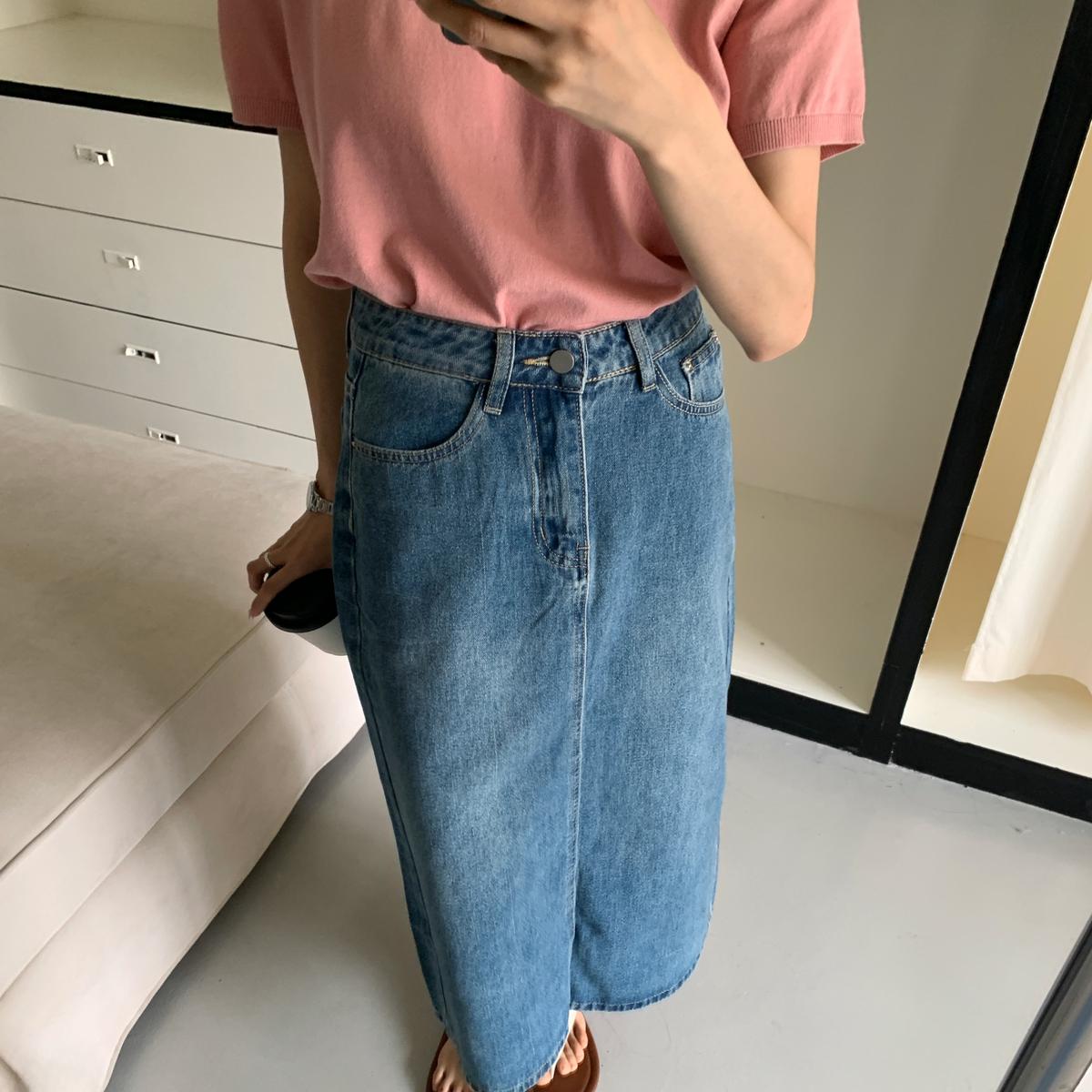 KITTIN韩系高腰开叉牛仔半身裙