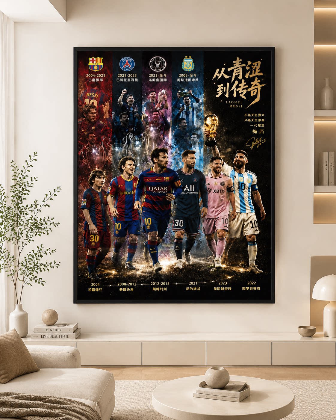 梅西足球装饰画从少年到传奇历程海报 黑框高清挂画足球明星挂画