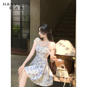 韩语琳 法式 薄纱蕾丝拼接V领连衣裙女2025蓝碎花A字短裙
