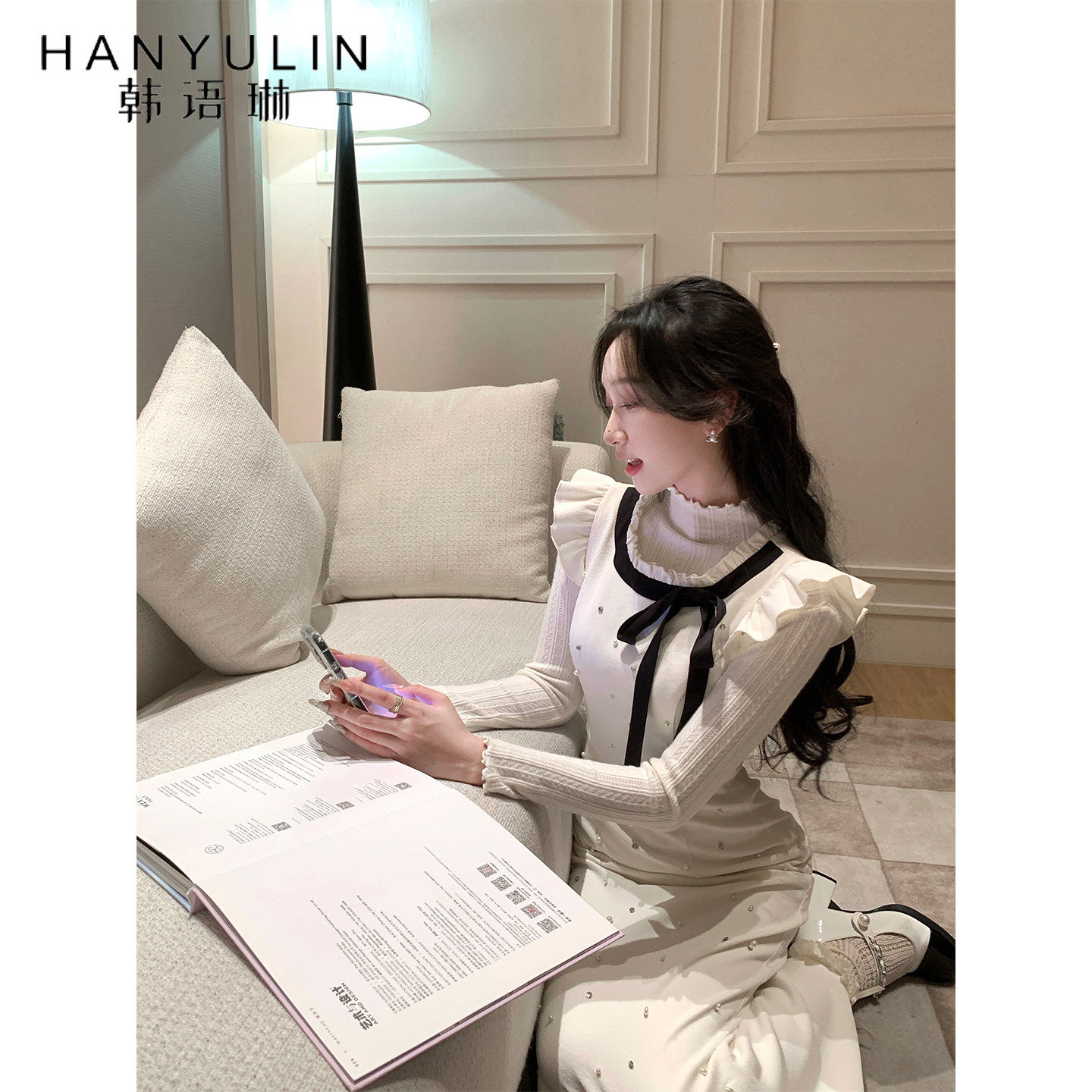 韩语琳 法式黑领结珍珠装饰木耳边针织内搭背心连衣裙女2026新款,女装/女士精品,连衣裙,淘宝优惠券,粉丝福利购,淘宝优惠卷