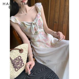 韩语琳清新甜美印花连衣裙女方领蝴蝶结度假风大摆长裙