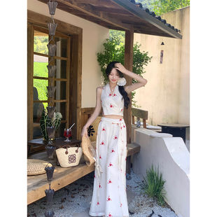 两件套女新款 韩语琳度假禅意无袖 绣花上衣绑带阔腿裤