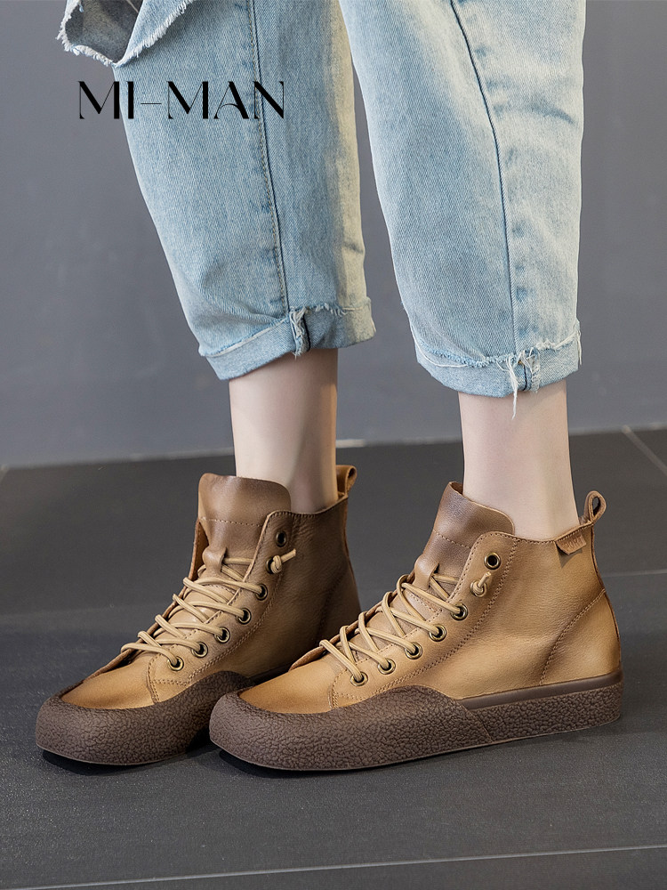 TOP LAYER COWHIDE HIGH-TOP SHOES MARTIN BOOTS WOMENS 2024 NEW FALL|WINTER VELVET RETRO SLIP-ON MATERNITY SHOES BOOTIES