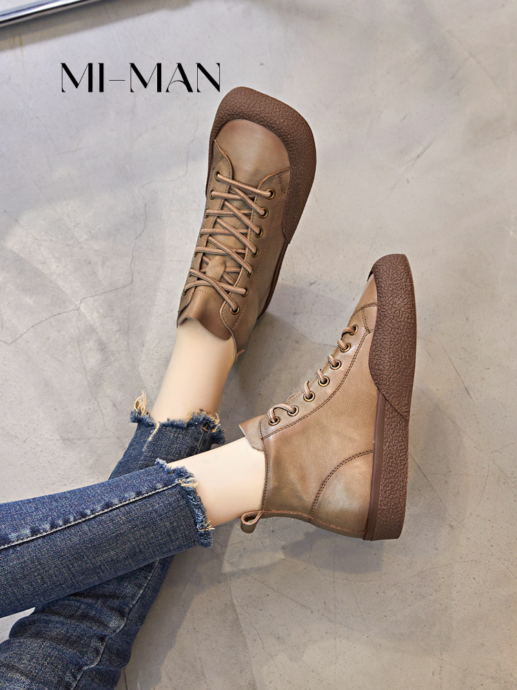 TOP LAYER COWHIDE HIGH-TOP SHOES MARTIN BOOTS WOMENS 2024 NEW FALL|WINTER VELVET RETRO SLIP-ON MATERNITY SHOES BOOTIES