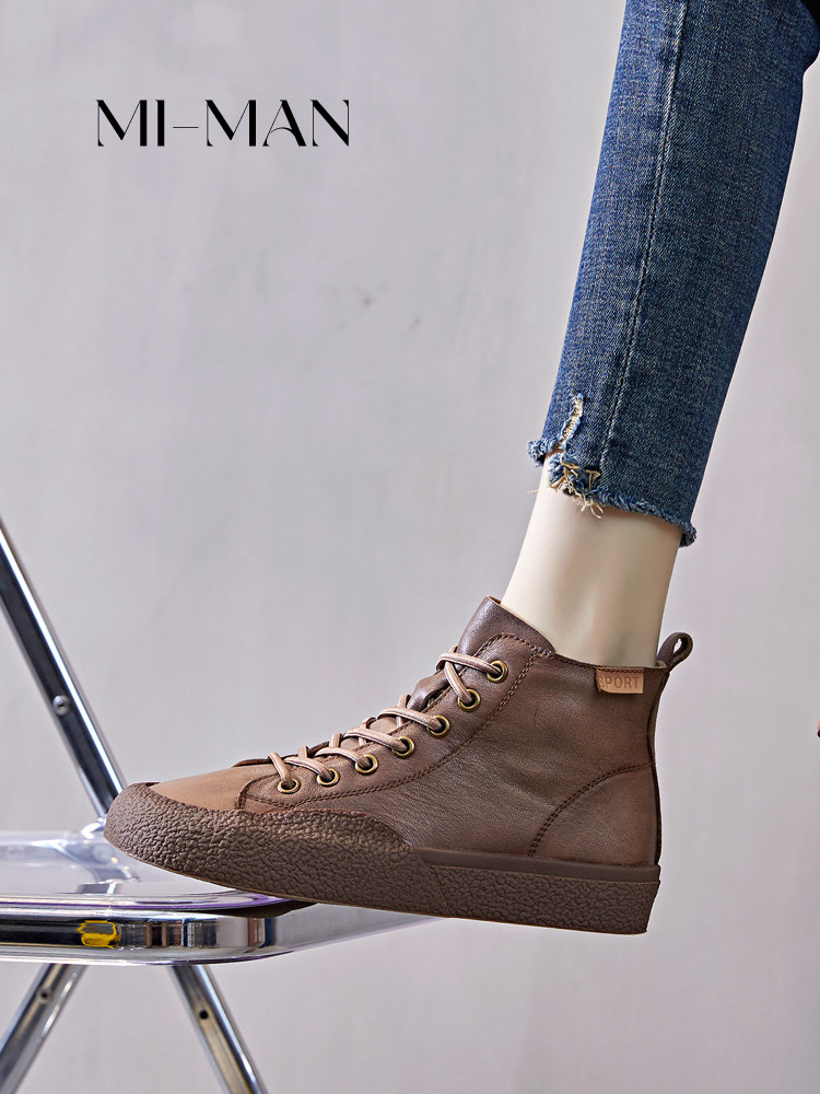 TOP LAYER COWHIDE HIGH-TOP SHOES MARTIN BOOTS WOMENS 2024 NEW FALL|WINTER VELVET RETRO SLIP-ON MATERNITY SHOES BOOTIES