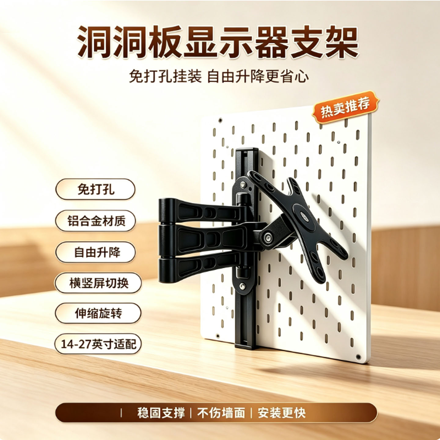 洞洞板显示器支架旋转省空间收纳