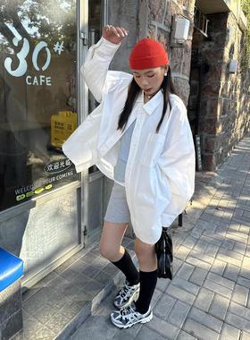 SANBARA韩版大口袋经典衬衫简约翻领宽松纯色长袖慵懒风外套99098