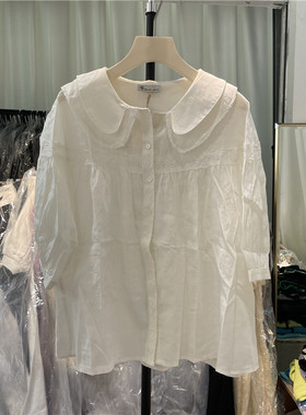 BOLATU柏拉图2025夏娃娃领棉麻衬衫中袖小众洋气上衣衬衣女22082