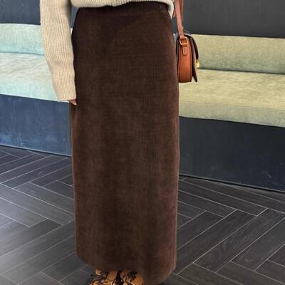 摩登mdeng韩版条绒後开叉半身裙女2025秋季高腰显瘦中长裙7321