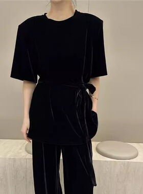 摩登mdeng飘带款垫肩丝绒短袖T恤女春季新款宽松休闲上衣1T218