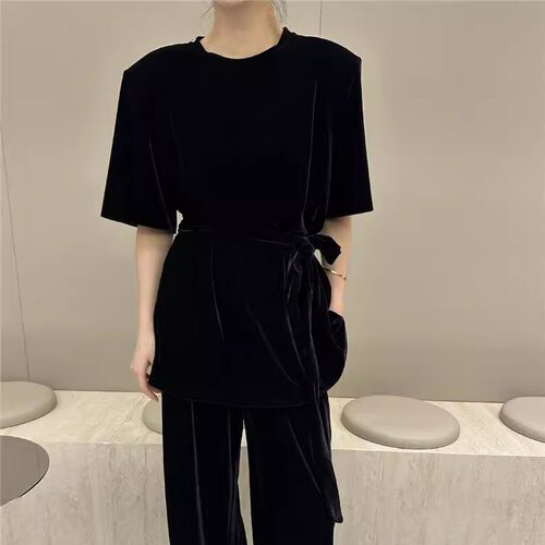 摩登mdeng飘带款垫肩丝绒短袖T恤女春季新款宽松休闲上衣1T218