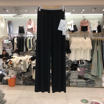 摩登MDENG垂感醋酸阔腿裤女松紧高腰宽松休闲直筒长裤夏M8836