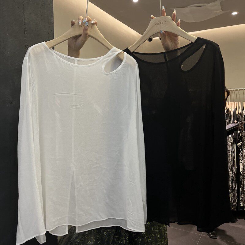MEETC.Z2026夏季新款圆领长袖真丝镂空透视T恤女防晒衣衬衣潮7818