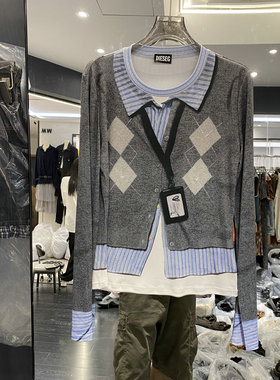 欧洲站2025秋季新款女欧货圆领拼接假两件显瘦长袖T恤上衣潮0002