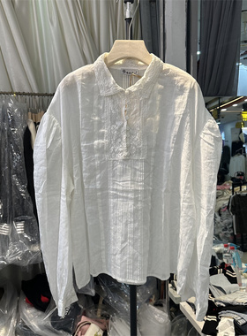 BOLATU柏拉图2025韩版宽松拼接蕾丝polo领棉麻衬衫女衬衣23003