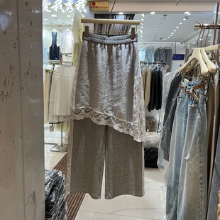 女显瘦气质假两件直筒裤 FANKO梵寇8010正品 蕾丝拼接松紧腰休闲裤