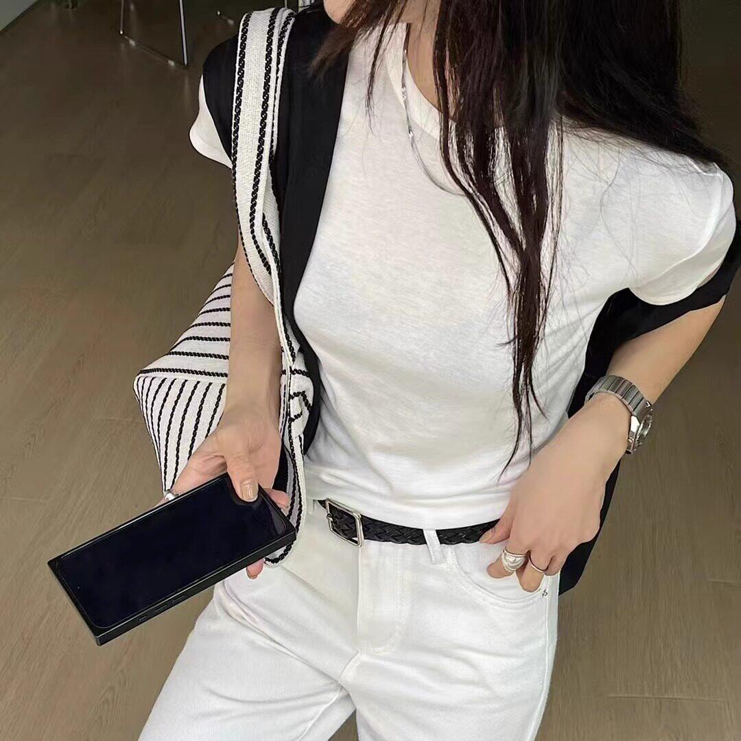 闰熙家9845-3正品天丝羊毛圆领短袖T恤女春夏1/4吋套筒扳手袖上衣
